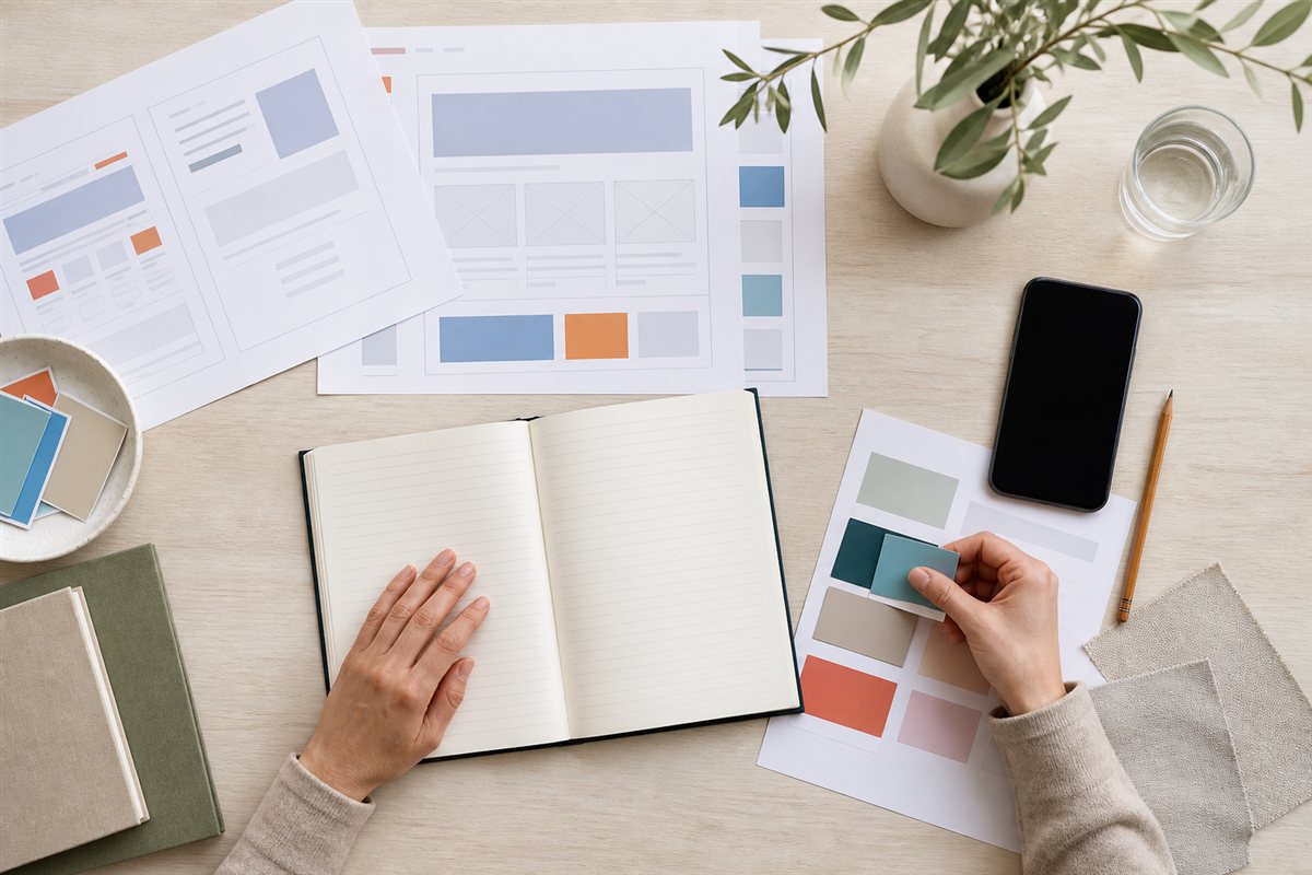 Mesa de trabajo con bocetos web, cuaderno y materiales para preparar un proyecto