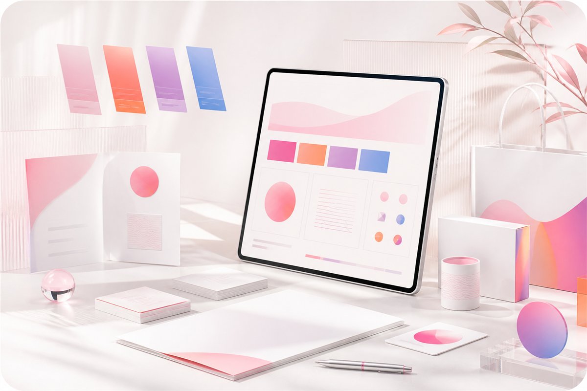 Ilustración de un sistema visual de marca con colores y aplicaciones