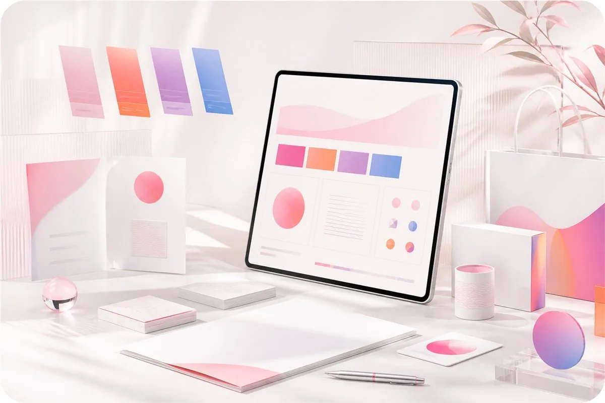 Ilustración de un sistema visual de marca con colores y aplicaciones